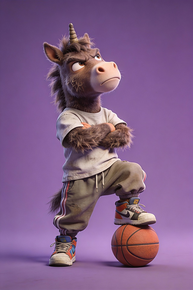 卡通感十足的拟人化小驴，软3D风格呈现毛发生长细节，身穿休闲装踩篮球，展现潮流与趣味结合的节日创意。
