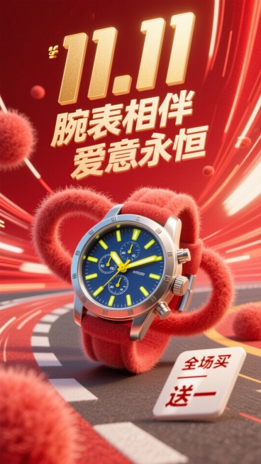 背景是充满动感的亮红色速度线抽象光影，如同赛道上飞驰的轨迹。一款硬朗的机械运动手表以微微倾斜的角度置于画面中心，表盘细节清晰，指针散发着幽蓝或亮黄色的夜光，与红色背景形成强烈撞色。表身周围有金属质感的预览效果