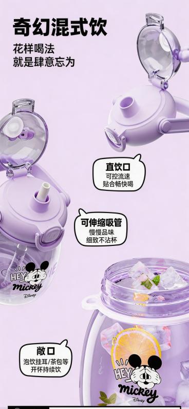 将图中2处米妮图案替换为另一张图里的紫色捂眼米奇图案，保持杯子的角度、画面其余内容不变预览效果