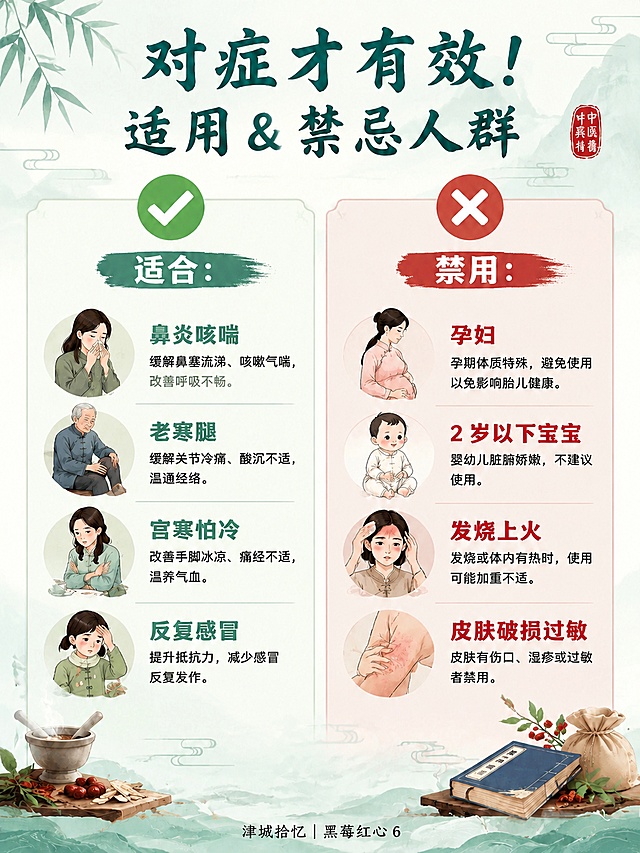 删除画面底部中央的二维码占位方块及其中的"二维码占位"文字，将该区域替换为与周围背景一致的浅青国风山水云雾背景，保持整体画面风格统一，其余所有文字、插画、左右分栏布局和落款"津城拾忆｜黑莓红心 6"完全保留不变，国风浅青中医科普插画风格，干净卡片排版，温和养生氛围感