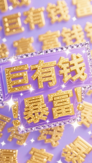 浅紫色透明背景上，大量 “巨有钱”，“暴富”， 文字以鎏金金色立体字粗体（带闪光砖石外框）文字色泽光亮，有闪闪的星光，重复密集，重复交叠，交错叠放预览效果