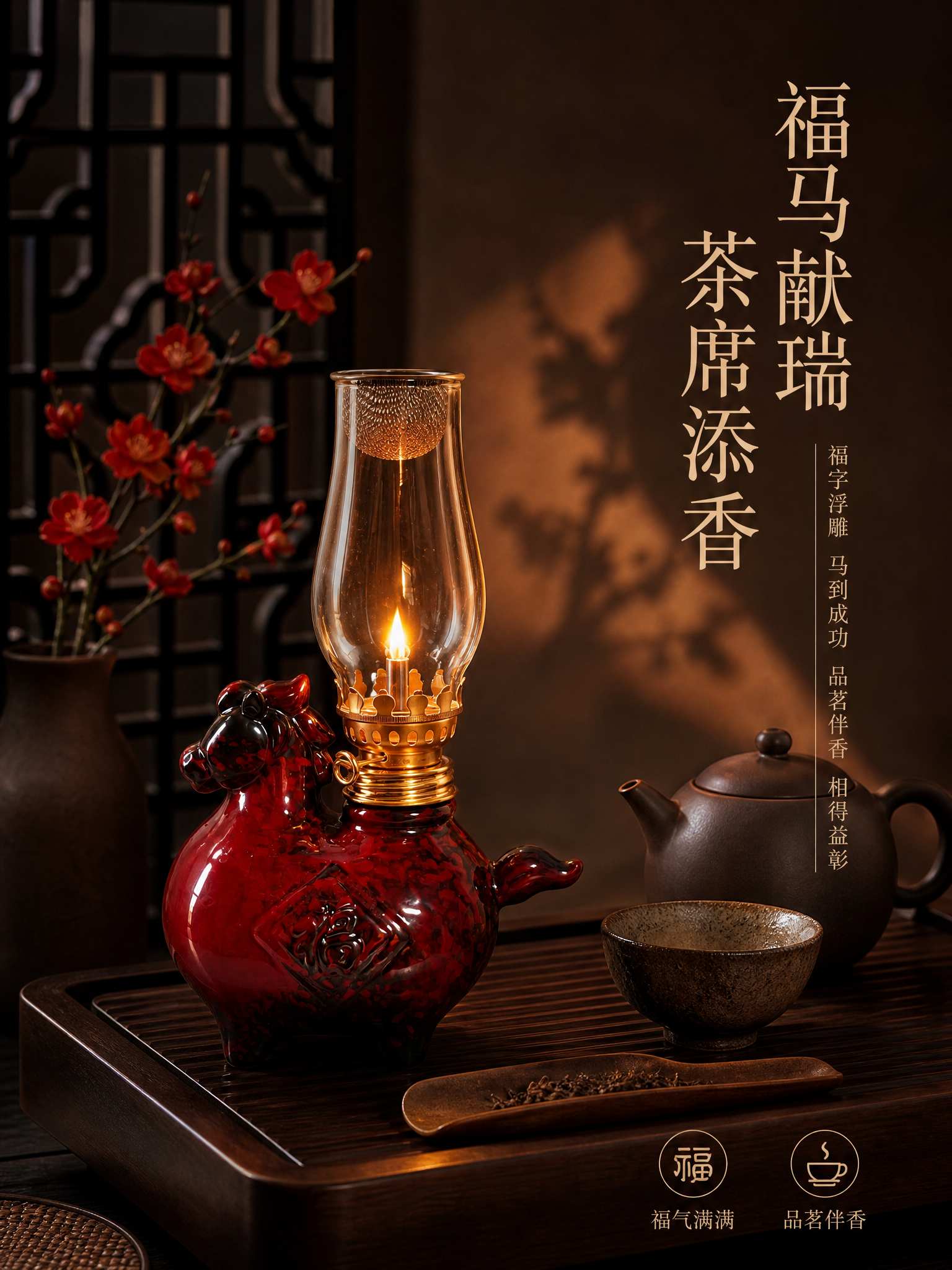 新中式暗调氛围摄影详情页，竖版3:4。福马酥油灯放置在新中式茶… - 图片创意预览