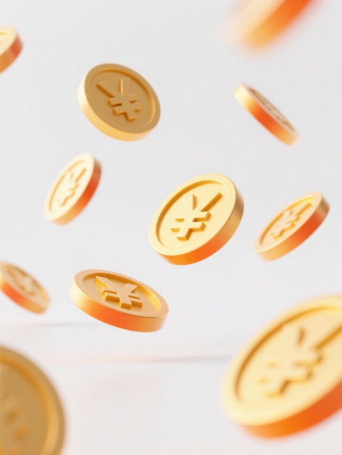 白色干净背景占画面70%空白空间，漂浮着多枚金色日元硬币，硬币表面有清晰的¥符号，整体呈现明亮的3D立体效果，边缘有橙色渐变高光，部分硬币带有动态模糊的下落轨迹，光影柔和，色彩明快，营造出轻盈、活泼的视觉氛围。预览效果