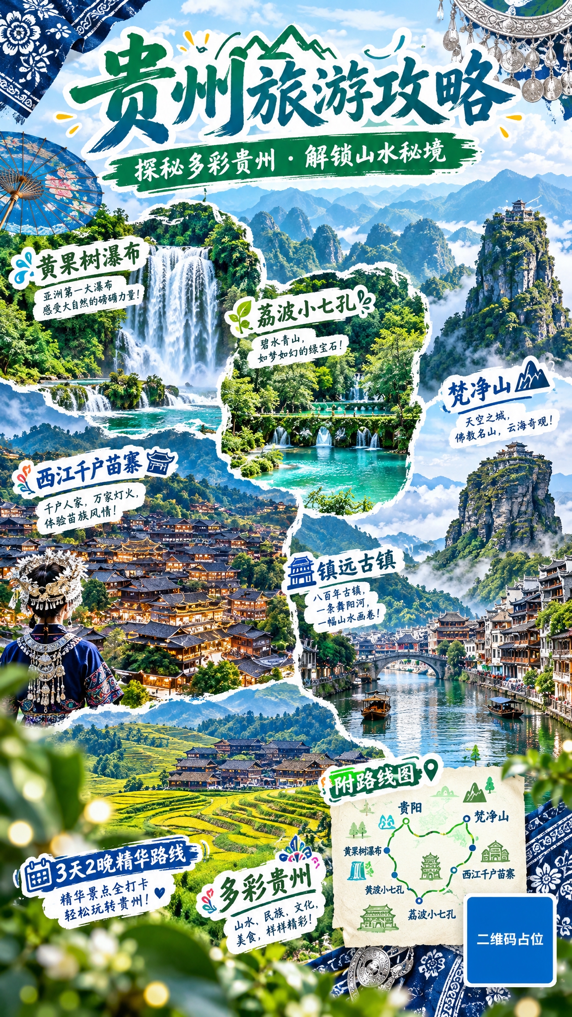 贵州旅游攻略海报，内容种草风格，元素丰富。画面以贵州山水风光为… - 图片创意预览