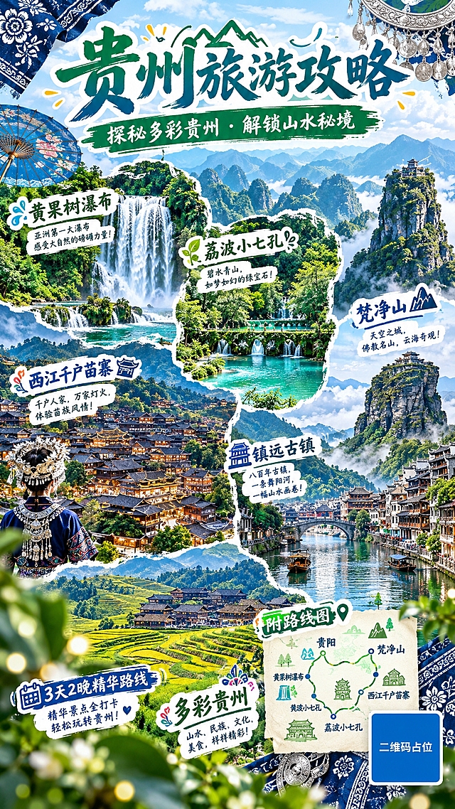 贵州旅游攻略海报，内容种草风格，元素丰富。画面以贵州山水风光为主题，包含喀斯特峰林、峡谷瀑布、高原湖泊、梯田村寨等自然与人文景观元素，穿插民族纹样、油纸伞、银饰图案等装饰元素。整体色调以翠绿色和天蓝色为主，点缀苗族银饰银灰色和蜡染靛蓝色。画面顶部居中大标题"贵州旅游攻略"，副标题"探秘多彩贵州 · 解锁山水秘境"，画面中分布多个贴纸标签："黄果树瀑布"、"荔波小七孔"、"西江千户苗寨"、"梵净山"、"镇远古镇"、"3天2晚精华路线"、"多彩贵州"、"附路线图"，手写感字体，贴纸风格。右下角有一个纯色方块二维码占位符，中央标注"二维码占位"文字。版式精美，信息丰富层次分明，背景层为远山天空渐变，中景为各景点元素拼贴组合，前景有植物叶片和光斑点缀，带景深效果，超高清画质，竖版9:16比例。画面中所有信息区域、景点卡片、标签贴纸必须填充完整合理的内容，不得出现空白框、空白占位、横线待填写区域、空列表项、空单元格。