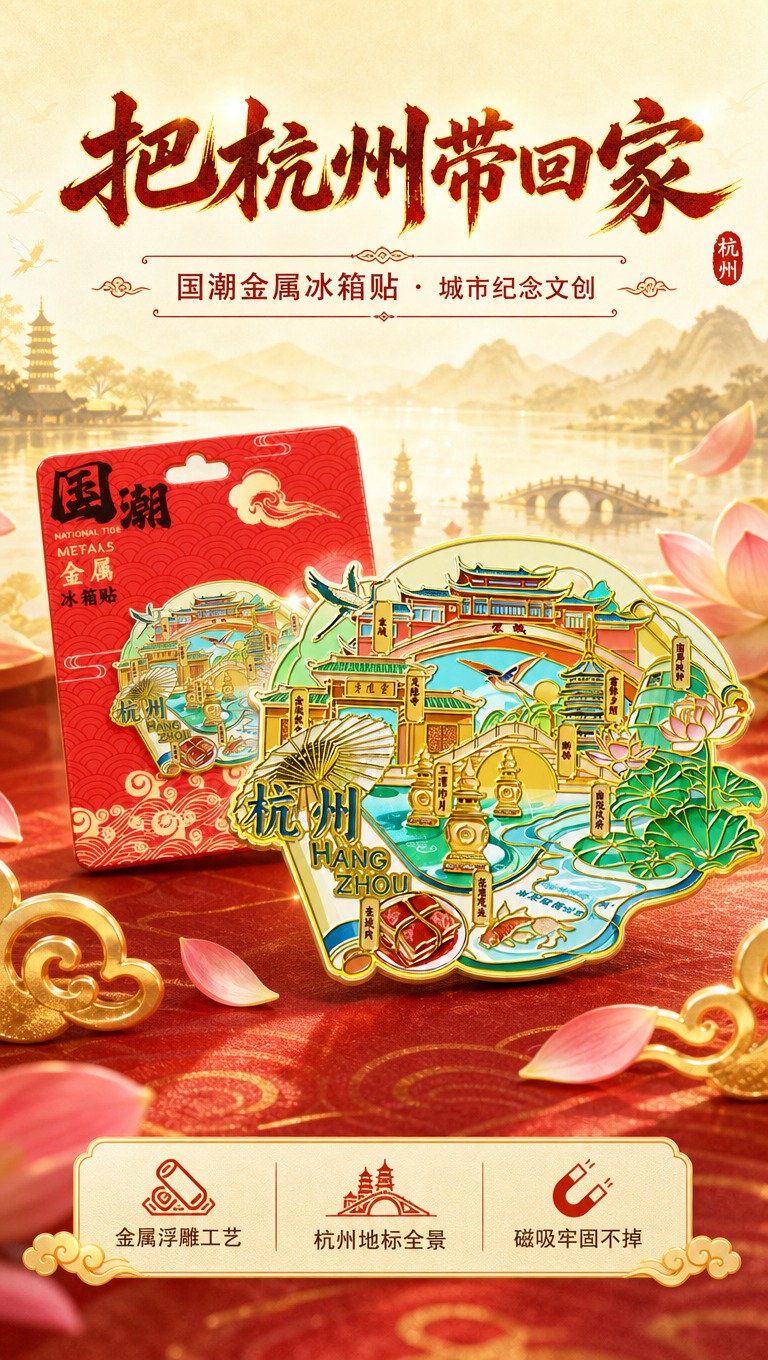 [商品] 使用【图1】杭州城市主题国潮金属冰箱贴；保留整体不规… - 图片创意预览