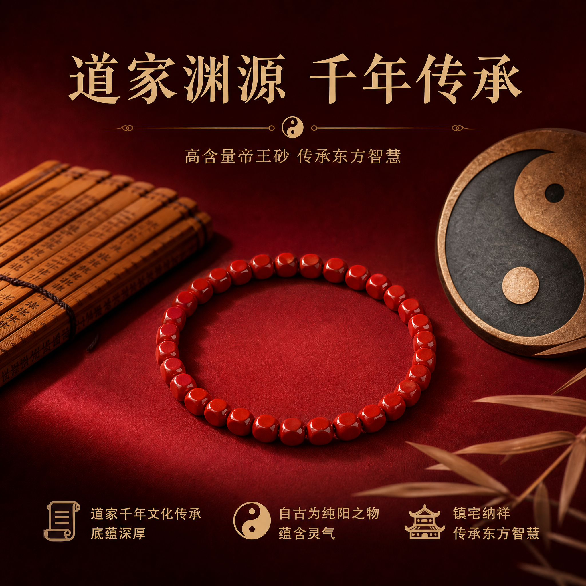 电商淘宝天猫主图，朱砂手串产品图，产品为高含量帝王砂方形珠手串… - 图片创意预览