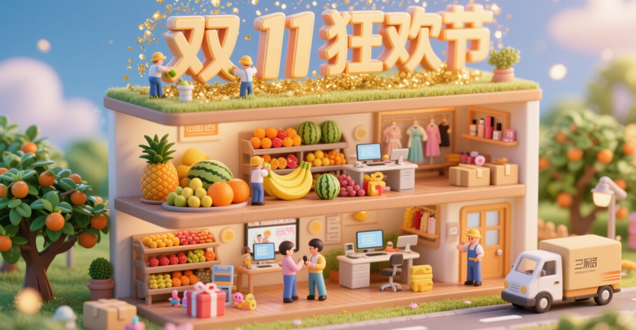 微缩场景，顶部是艺术立体字标题“双 11 狂欢节”，字周围有金色闪光粒子。场景分为四层，从下到上依次为：第四层果园劳作场景（工人在果树下采摘水果），第三层水果货架场景（摆满菠萝、橙子、香蕉、西瓜等鲜亮预览效果
