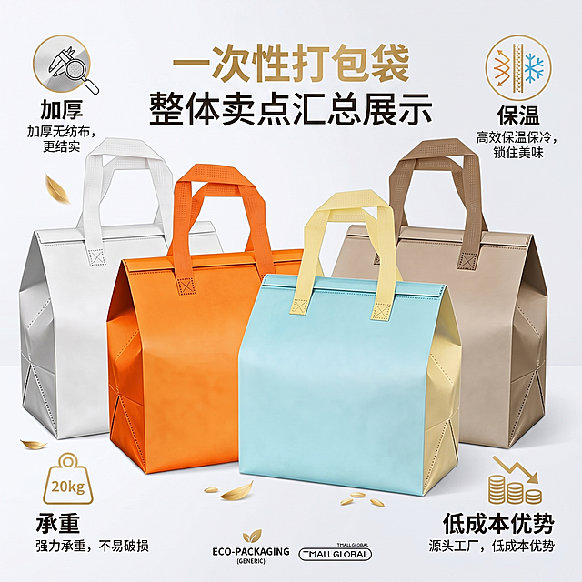 一次性打包袋整体卖点汇总展示，包含加厚、保温、承重、低成本优势，淘宝天猫商品主图，1:1比例，简约电商设计，产品全景展示
