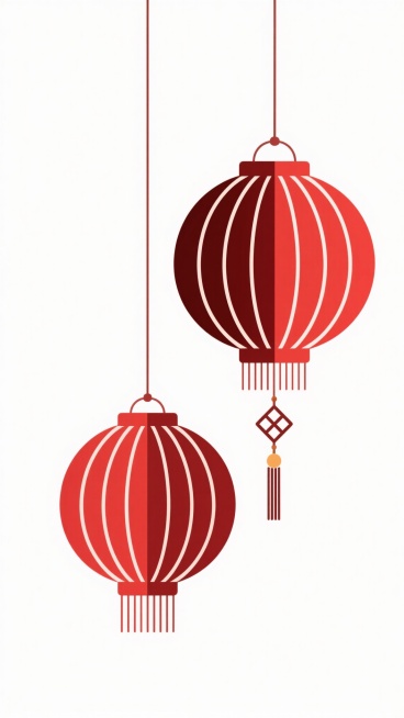 中国风矢量插画，以两个红色灯笼为主体，灯笼呈对称悬挂布局，左侧灯笼略小偏上，右侧灯笼稍大偏下，均由深红色圆形灯身、白色放射状线条纹理、菱形吊坠及流苏组成，整体风格简约扁平，线条流畅，色彩对比鲜明，背景为纯白色，营造出简洁明快的传统节日氛围。预览效果