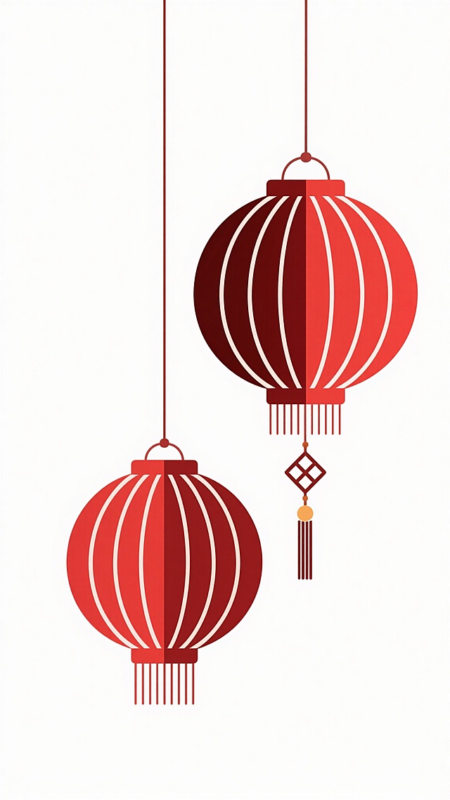 中国风矢量插画，以两个红色灯笼为主体，灯笼呈对称悬挂布局，左侧灯笼略小偏上，右侧灯笼稍大偏下，均由深红色圆形灯身、白色放射状线条纹理、菱形吊坠及流苏组成，整体风格简约扁平，线条流畅，色彩对比鲜明，背景为纯白色，营造出简洁明快的传统节日氛围。