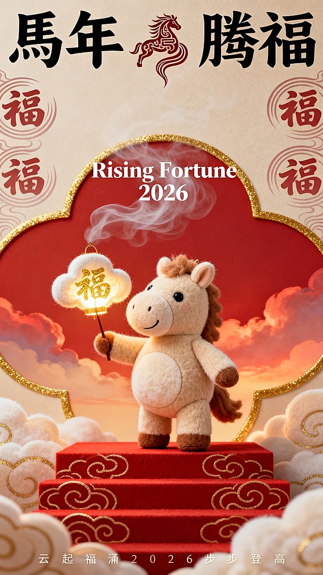 软3D风卡通小马手持福字灯笼，毛发生长质感萌趣十足，中式云纹浮雕背景烘托喜庆氛围，红金配色传递2026马年腾福的吉祥寓意。