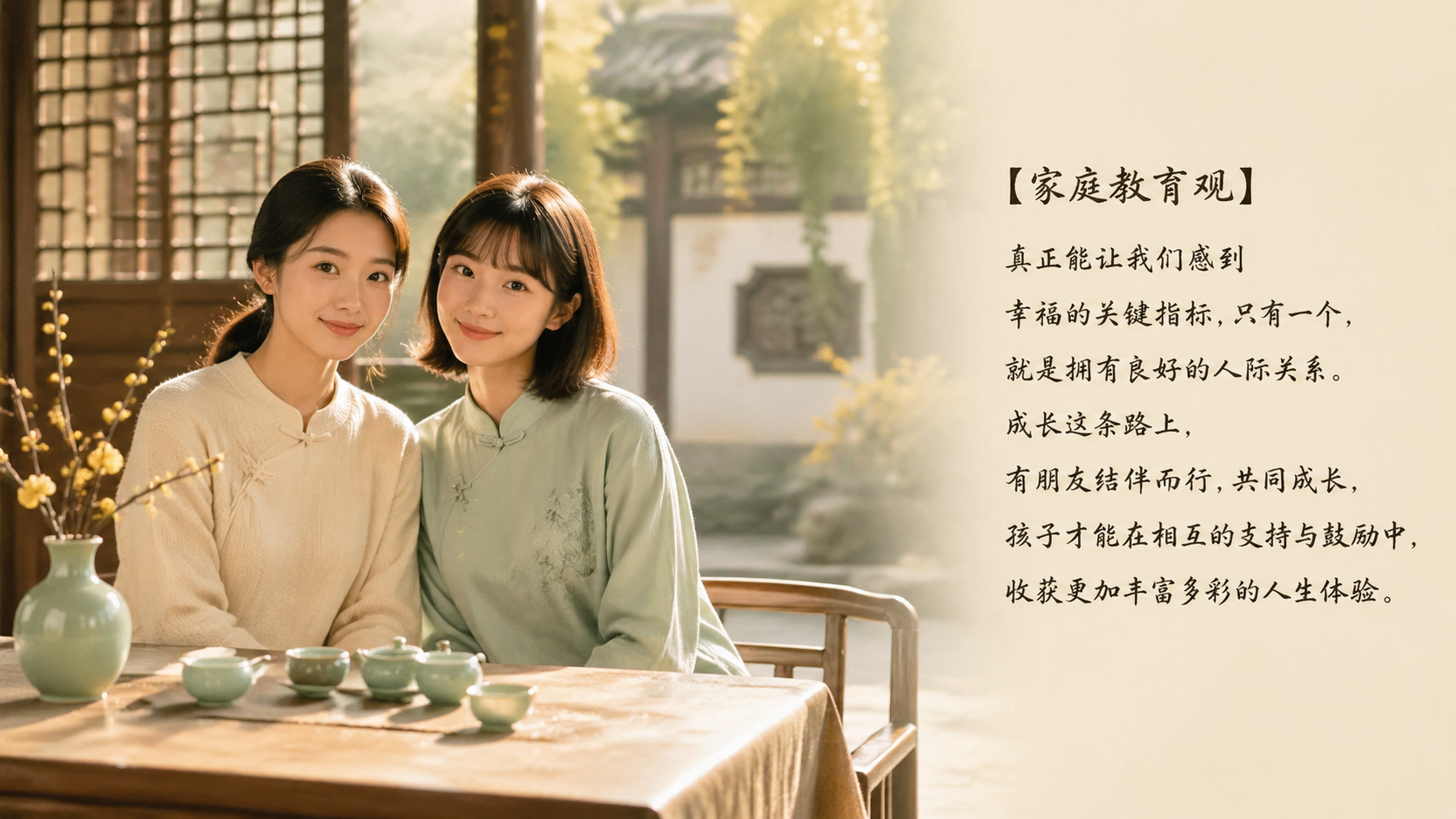 温馨中国风的治愈系人像摄影作品，画面主体为两位面带柔和微笑的中… - 图片创意预览