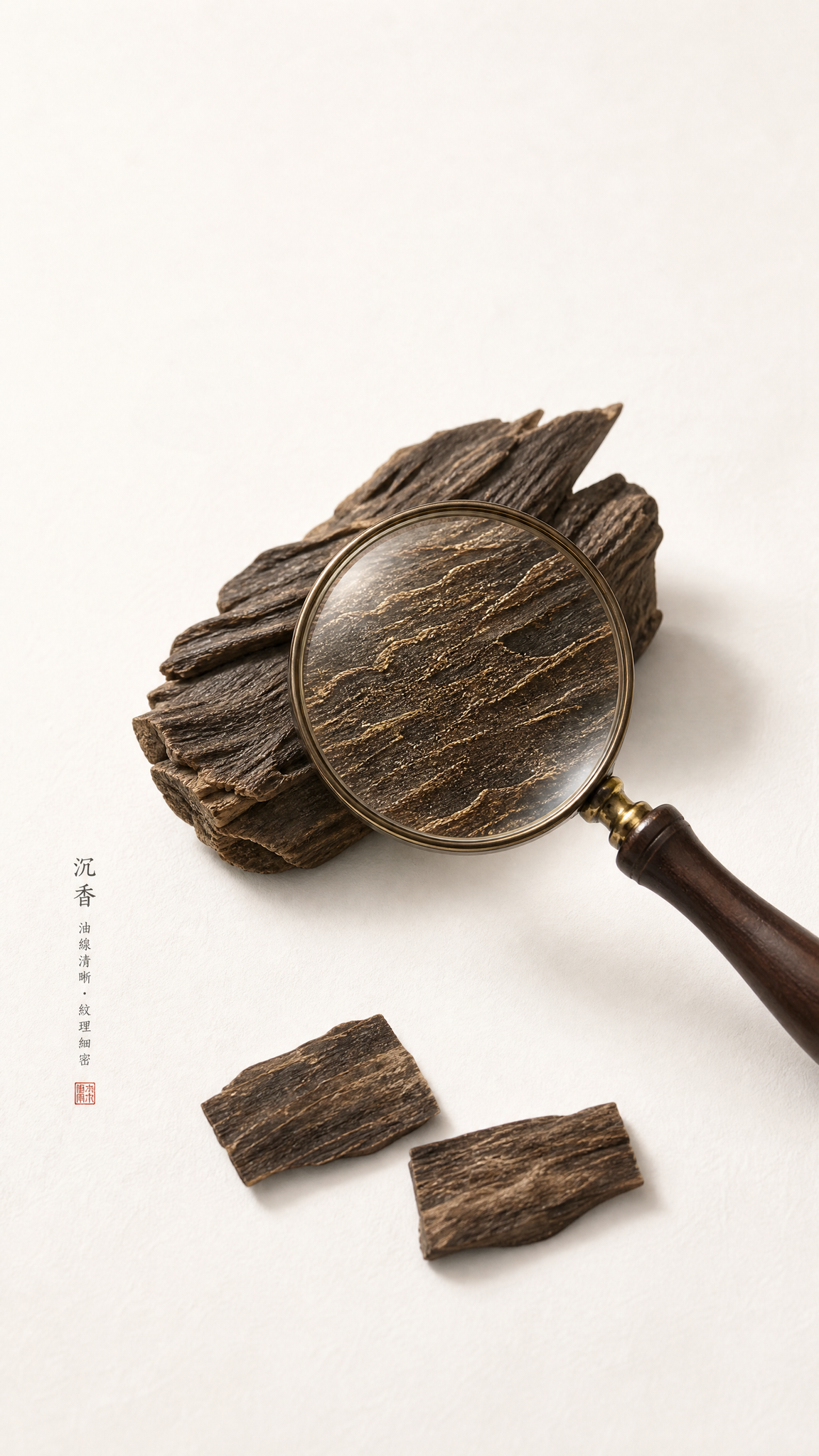浅色米白背景，一只放大镜斜置于沉香原料上方，镜片内可见油线纹理… - 图片创意预览
