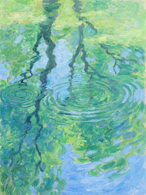 印象派风格油画，水面倒影，浓绿与碧蓝交织的色彩，斑驳光影效果，细腻的笔触描绘涟漪与树影，模糊而富有诗意的氛围，水面波纹的动态感，自然光线透过树叶洒在水面，整体呈现梦幻般的视觉效果，色彩明快而和谐，具有油画特有的厚重质感与色彩叠加效果。预览效果