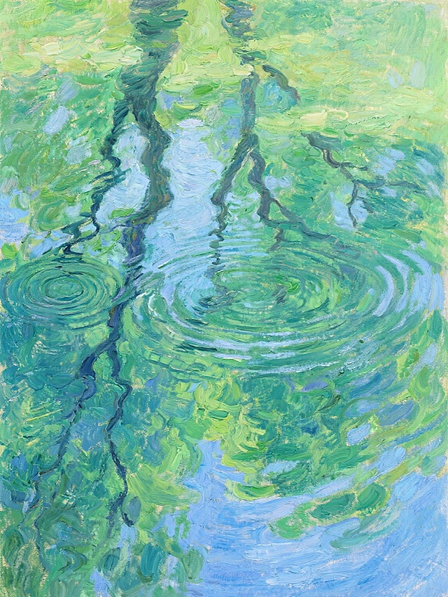 印象派风格油画，水面倒影，浓绿与碧蓝交织的色彩，斑驳光影效果，细腻的笔触描绘涟漪与树影，模糊而富有诗意的氛围，水面波纹的动态感，自然光线透过树叶洒在水面，整体呈现梦幻般的视觉效果，色彩明快而和谐，具有油画特有的厚重质感与色彩叠加效果。