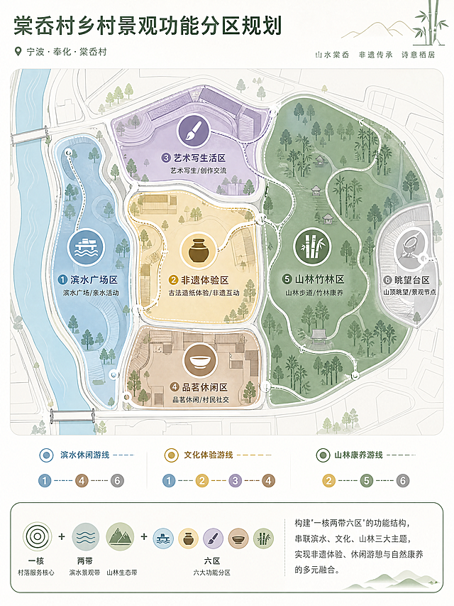调整布局，分区主要横向排布，非遗体验区和品茗休闲区横向对齐，保持其他要求不变：园林竞赛分析展板，主题为"棠岙村乡村景观功能分区规划"，宁波奉化棠岙村，扁平化简约矢量风，低饱和浅绿浅蓝米色莫兰迪配色，无写实照片，全部使用扁平化矢量图形表达，风格干净高级，线条简洁统一，高清展板，信息可视化。以场地总平面图轮廓为底，用干净矢量线条勾勒场地边界与道路，去除水彩效果，保留清晰空间结构。用不同低饱和柔和色块划分6个核心功能分区，每个分区搭配专属简约图标和分区名称：1.滨水广场区：沿河道分布的左侧开敞空间，淡蓝色块+滨水平台图标，标注"滨水广场/亲水活动"；2.非遗体验区：中部曲线围合开放空间，米黄色块+陶缸图标，标注"古法造纸体验/非遗互动"；3.艺术写生活区：场地北侧的流线型建筑空间，浅紫色块+画笔图标，标注"艺术写生/创作交流"；4.品茗休闲区：场地南侧的围合空间，浅棕色块+茶盏图标，标注"品茗休闲/村民社交"，与非遗体验区横向对齐；5.山林竹林区：场地右侧大面积绿地，深绿色块+竹林图标，标注"山林步道/竹林康养"；6.眺望台区：场地最右侧的弧形建筑节点，淡灰色块+观景台图标，标注"山顶眺望/景观节点"。用白色细线串联各分区，形成清晰三级游览动线：滨水休闲游线、文化体验游线、山林康养游线，动线节点标注对应游线名称。底部配分区说明条，纤细无衬线字体，内容为"构建'一核两带六区'的功能结构，串联滨水、文化、山林三大主题，实现非遗体验、休闲游憩与自然康养的多元融合"，整体排版均衡，突出信息可视化效果。