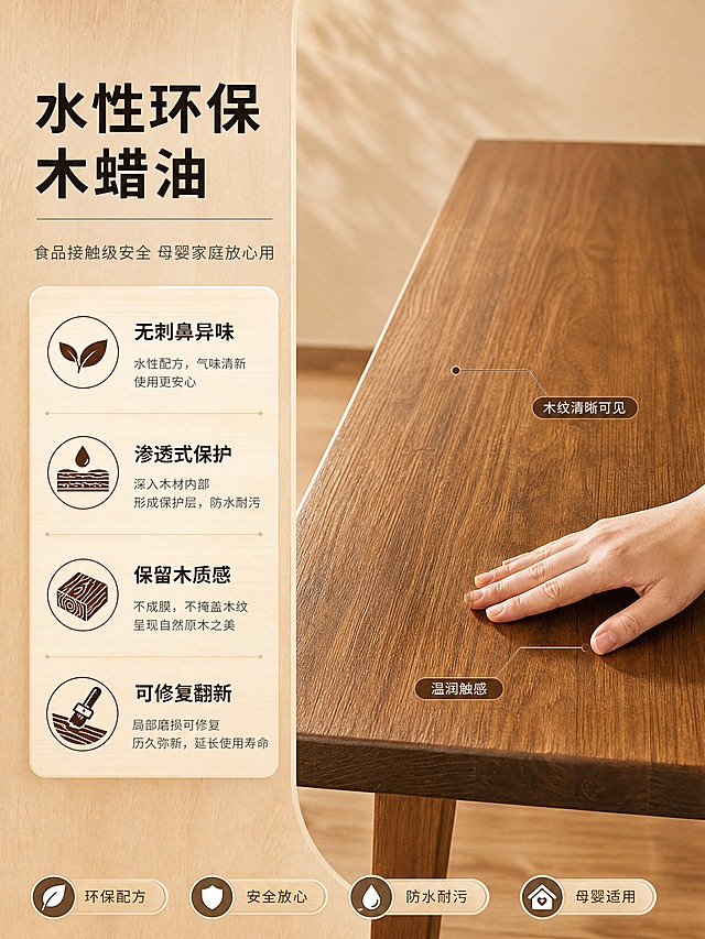 [商品] 使用【图4】新西兰松实木桌面（深木色涂装款）；保留实木桌面的深棕色木蜡油涂装、木纹肌理、厚度、长方形结构；增强涂装质感与木纹通透感，去除背景工厂杂物，不改变产品材质与颜色。
[画面] 页面目标：水性环保木蜡油涂装解析，突出环保安全与触感体验。左右分栏构图，左侧约2/5为文案与工艺图解区，右侧3/5为桌面涂装特写+手部触摸动作；产品占画面约55%，桌面侧视角度展示涂装后的温润光泽，一只手轻轻抚摸桌面边缘体现触感；阅读动线从左至右。
[视觉] 套系策略：风格=原木自然风温馨商业摄影；标题字=思源黑体粗体；正文字=思源黑体常规体；主色=原木浅棕；背景延展=基于原木浅棕做深浅层级、同色系渐变与木纹/纸质感；强调色=深胡桃色，仅用于小面积图标、引线和标签；标题色=深棕黑；正文色=中暖灰；组件=圆角浅木色信息卡、细木色引线、胶囊形卖点框；光影=侧前暖柔光，突出涂装后的温润质感与木纹通透度。
[文字] 左侧文案区：主标题"水性环保木蜡油"，副标题"食品接触级安全 母婴家庭放心用"，4个工艺卖点"无刺鼻异味""渗透式保护""保留木质感""可修复翻新"；右侧桌面旁标注"温润触感""木纹清晰可见"小标签；文字不遮挡桌面主体。
[规格] 图片比例3:4竖版，4K，负向提示：避免变形、错字、文字过小、冷蓝/冷灰背景、涂装颜色失真、出现工厂杂物、绝对化用语。