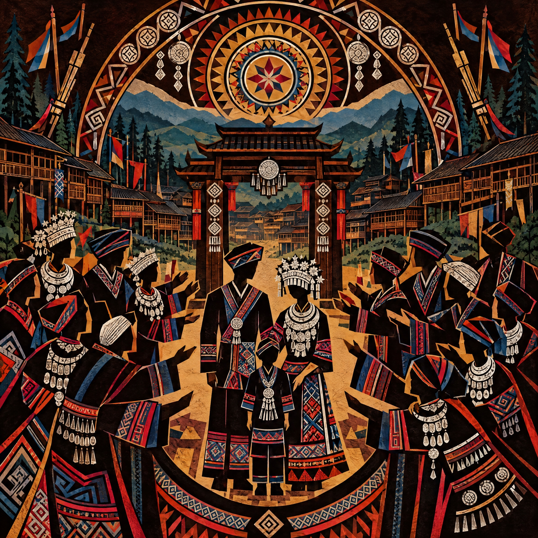 苗族叙事古歌漆画构图图纸，正方形构图，平面化装饰绘画风格，粗黑… - 图片创意预览
