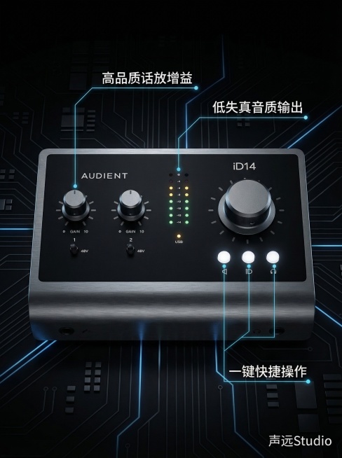 [主图2] Audient iD14 MKII声卡核心卖点展示，黑色科技感背景，金属磨砂质感光影，声卡正面居中放置，外观和原图完全一致，用极细的蓝色科技感引线分别连接话放旋钮、增益指示灯、功能按键，对预览效果