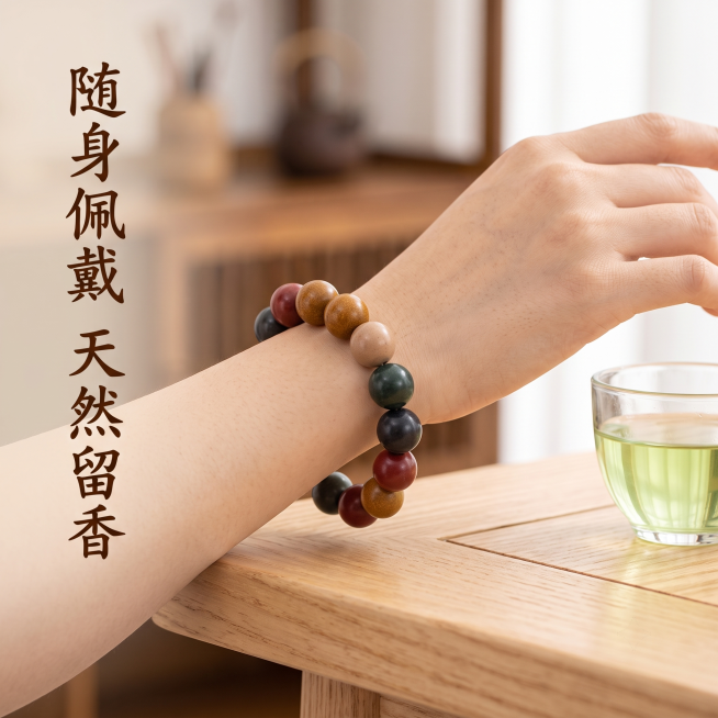 [主图-3] 手腕佩戴氛围款主图，天然中药五行合香珠手串。[氛围风格] 生活化佩戴场景，自然雅致国风氛围。[画质] 商业摄影质感，光线自然柔和，产品细节清晰真实。[元素] 女性左手手腕佩戴五行合香珠手预览效果