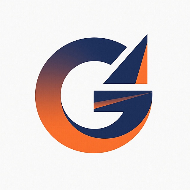 极简风格企业标志设计，白色背景，以字母“G”为核心元素，整体造型采用几何切割手法，左侧为流畅的半圆弧线，右侧融入锐利的三角形切割和斜向线条，形成刚柔并济的视觉对比，配色方案改为渐变橙色与深蓝色组合，橙色从左至右由深至浅渐变填充圆弧部分，深蓝色用于右侧三角形和装饰线条，边缘处理为平滑圆角与直角的混合，整体呈现现代、科技感与活力兼具的视觉效果，线条简洁有力，无任何文字及装饰元素。