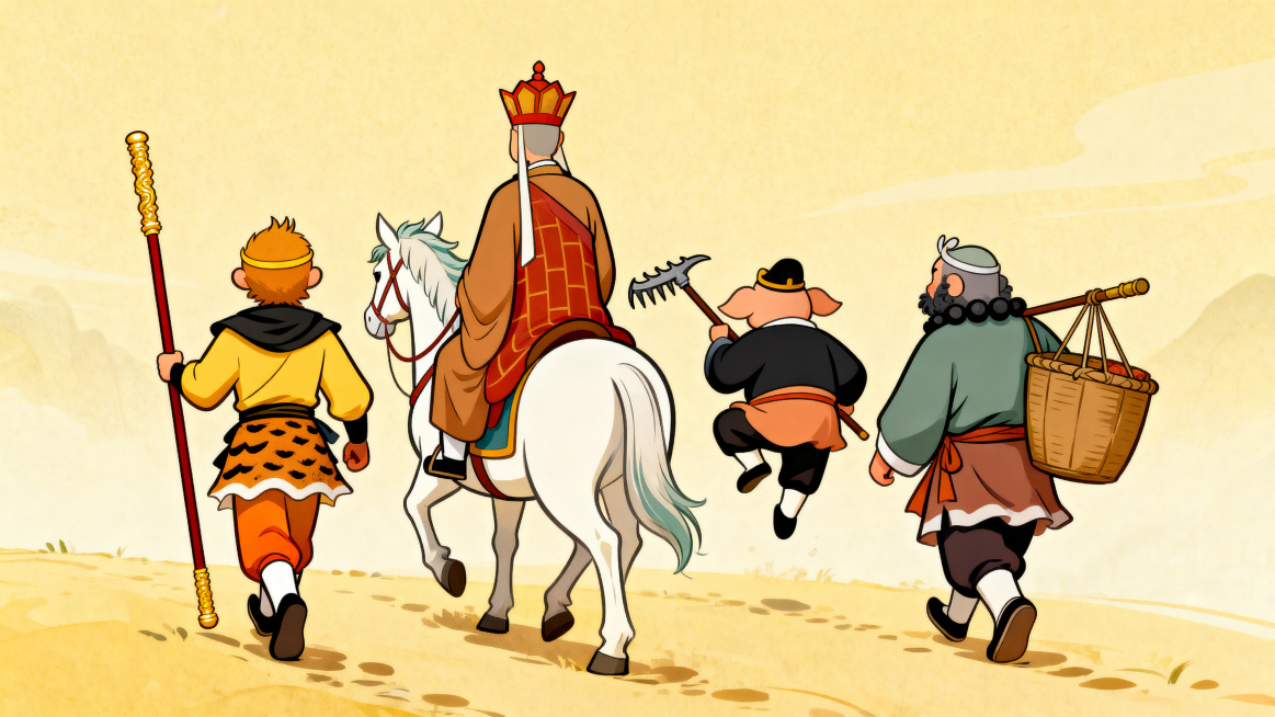 西游记师徒四人取经全家福全身背影，向前行走，国风卡通风格，悟空扛着金箍棒走在最前面打头，唐僧骑着白龙马跟在悟空身后，八戒扛着九齿钉耙蹦蹦跳跳跟在师傅旁，沙僧挑着担子走在队伍最后，全员全身背影完整展示，预览效果