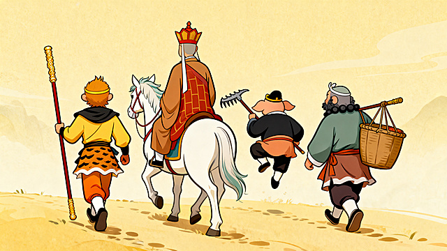 西游记师徒四人取经全家福全身背影，向前行走，国风卡通风格，悟空扛着金箍棒走在最前面打头，唐僧骑着白龙马跟在悟空身后，八戒扛着九齿钉耙蹦蹦跳跳跟在师傅旁，沙僧挑着担子走在队伍最后，全员全身背影完整展示，构图均衡统一，延续之前的风格