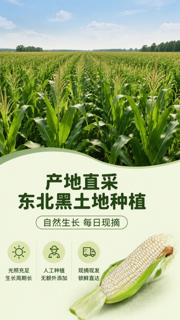 [第2屏] 产地展示屏-白糯玉米产地种植环境展示。本屏使用【图1】作为产品辅助展示。
[氛围/风格] 原生态田园风，自然通透，真实新鲜氛围。
[元素布局] 上半部分展示大面积连片绿色玉米种植田间实景，预览效果