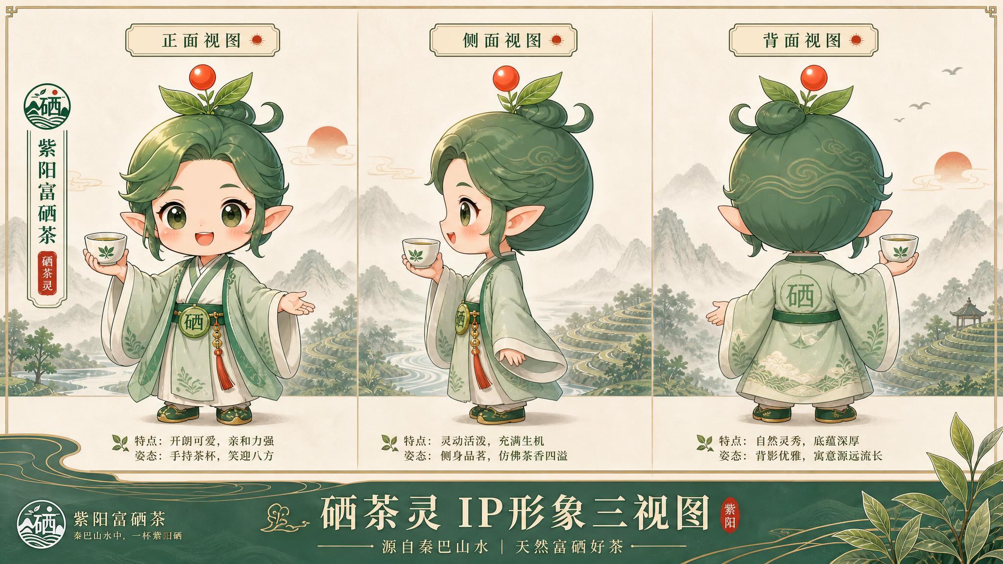 紫阳富硒茶IP形象"硒茶灵"三视图设计图，横版16:9构图。画… - 图片创意预览