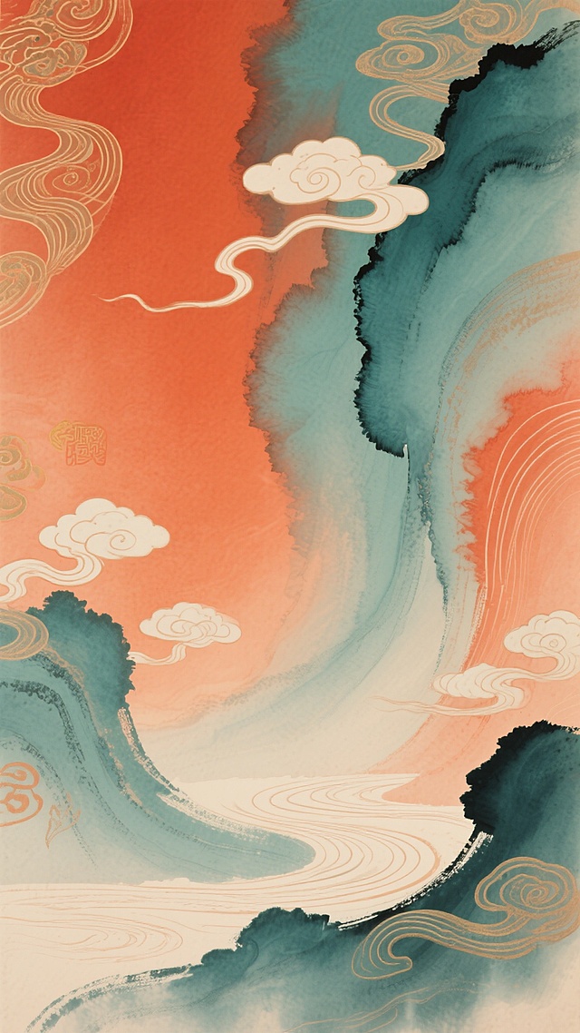 以橙红色与青绿色为主色调的中国传统水墨风格背景，融合流畅灵动的云纹、水波纹等国风装饰线条，运用水墨晕染技法呈现出层次丰富的渐变色彩与柔和的光影过渡，整体画面具有浓厚的东方韵味与艺术美感，色彩和谐统一，笔触质感细腻，营造出古朴典雅而又充满流动感的视觉效果。