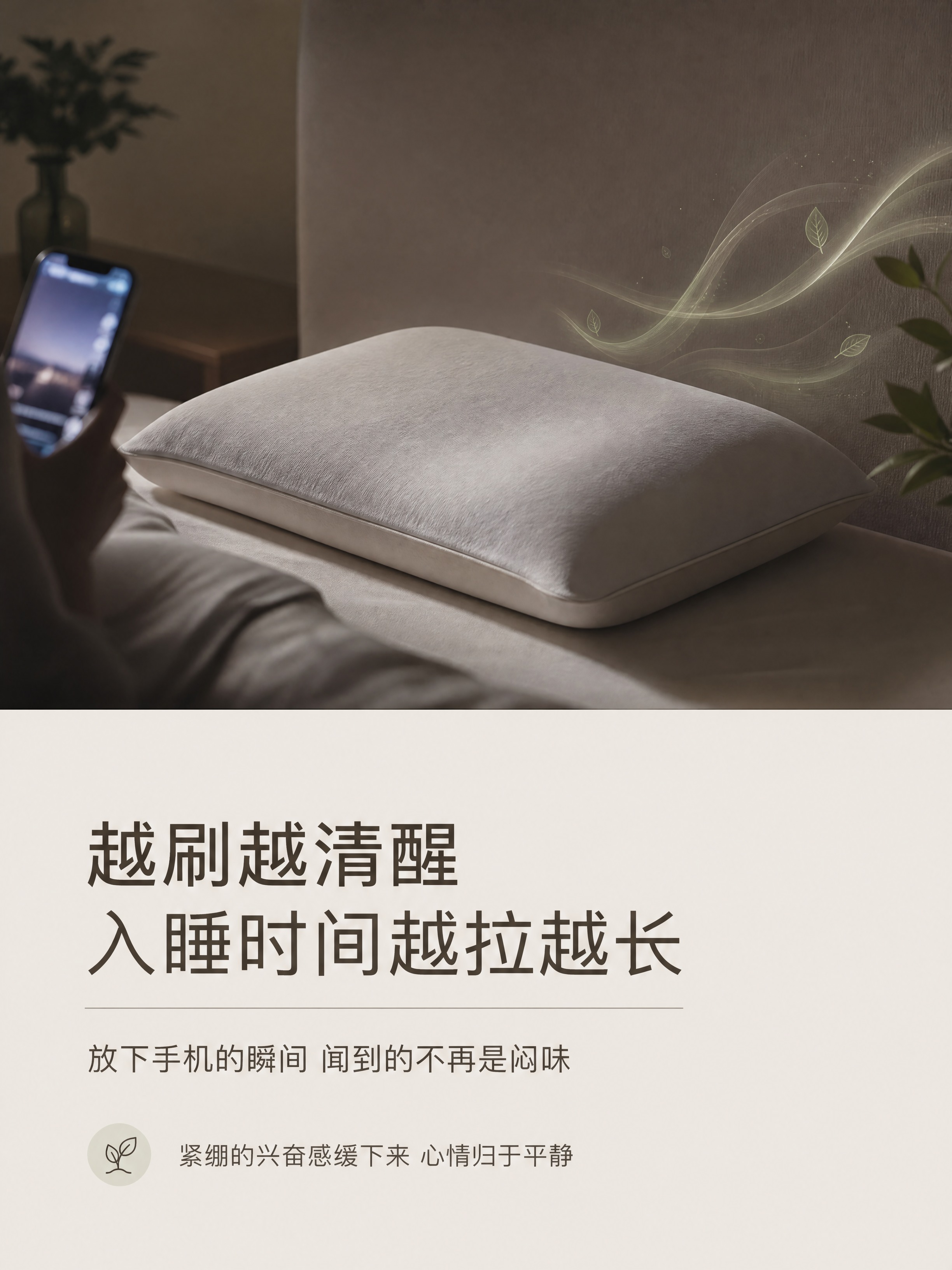 家纺详情页人群场景图，上图下文布局。上方60%：一个白色低枕放… - 图片创意预览