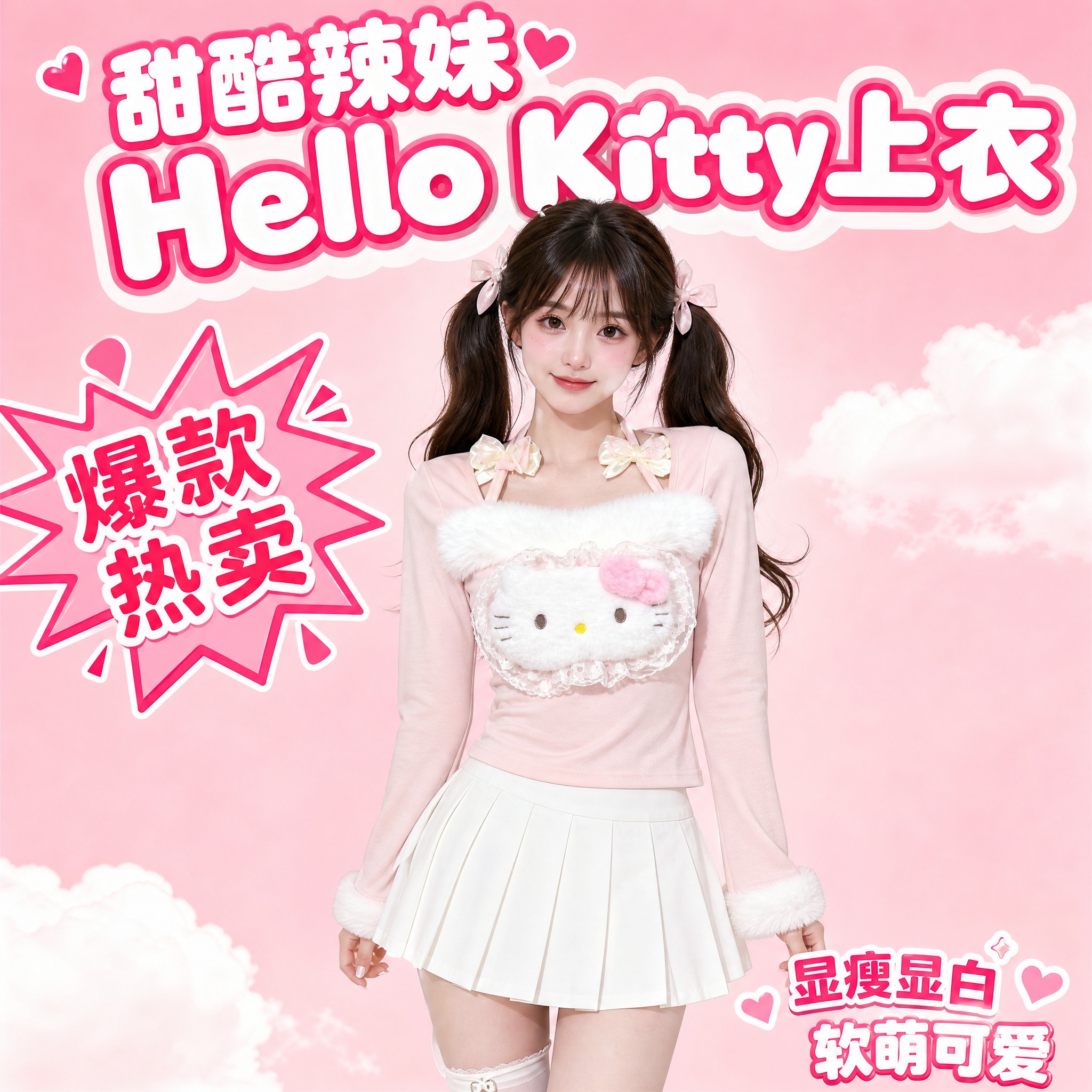 [主图-1] 粉色Hello Kitty毛绒挂脖长袖上衣 正面… - 图片创意预览