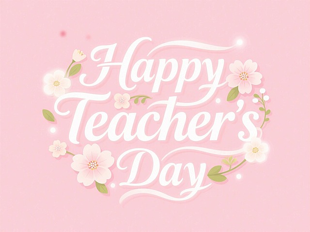 浅粉色背景，白色英文字‘Happy Teacher's Day’，笔画融合花朵装饰元素，艺术感