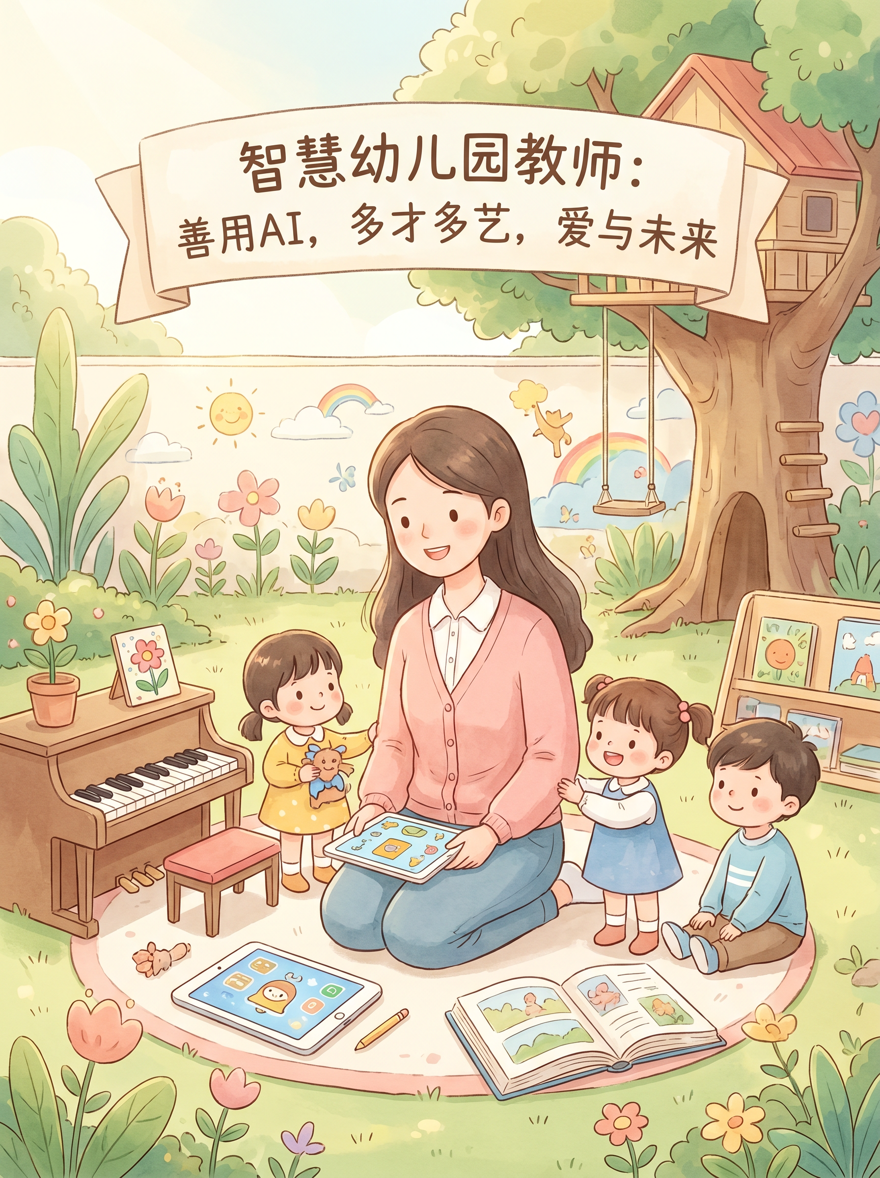 温柔学前教育女幼师，面带微笑，身旁环绕卡通小朋友、钢琴、手工、… - 图片创意预览