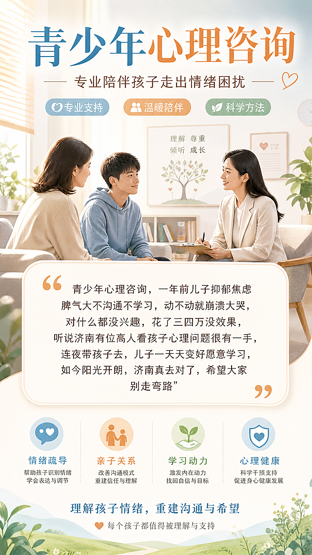 竖版落地页青少年心理咨询宣传图，完整展示用户分享文案"青少年心理咨询，一年前儿子抑郁焦虑脾气大不沟通不学习，动不动就崩溃大哭，对什么都没兴趣，花了三四万没效果，听说济南有位高人看孩子心理问题很有一手，连夜带孩子去，儿子一天天变好愿意学习，如今阳光开朗，济南真去对了，希望大家别走弯路"，风格温暖治愈，专业暖心，配色柔和，积极正向，无违规内容，适合做宣传落地页