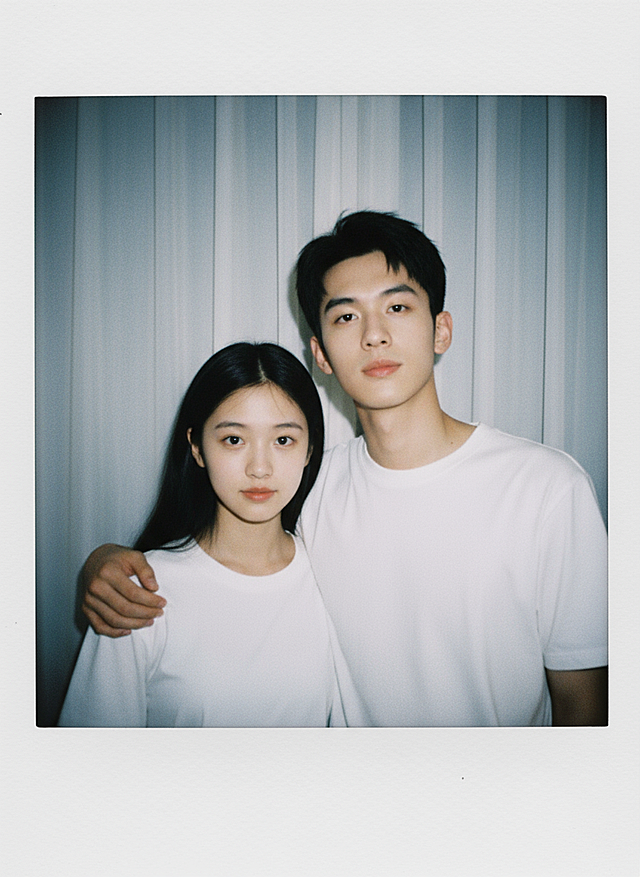 帮我生成用拍立得相机拍的图片。 没有明确的拍摄对象或工具。 要看起来像偶然拍到的漫不经心的快照。 照片要有轻微的晃动感，暗处照相机闪光灯发出的一定照明要扩散到整个照片上。 男生搂住女生 表情和图片中的一样  女生身高到男生的嘴巴处，不要换脸。把两人身后的背景换成白色窗帘