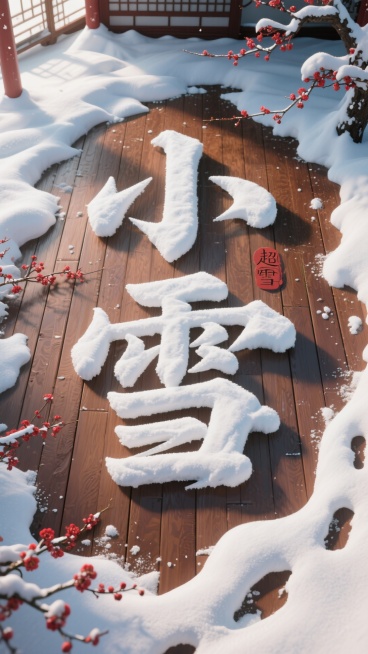 俯视视角，画面主视觉是有厚积雪的木质地板上堆出来的“小雪” 毛笔字（积雪质感真实，表面带自然起伏纹理，露出棕褐色木质纹理地板，边缘有不规则足迹）；点缀红梅装饰预览效果