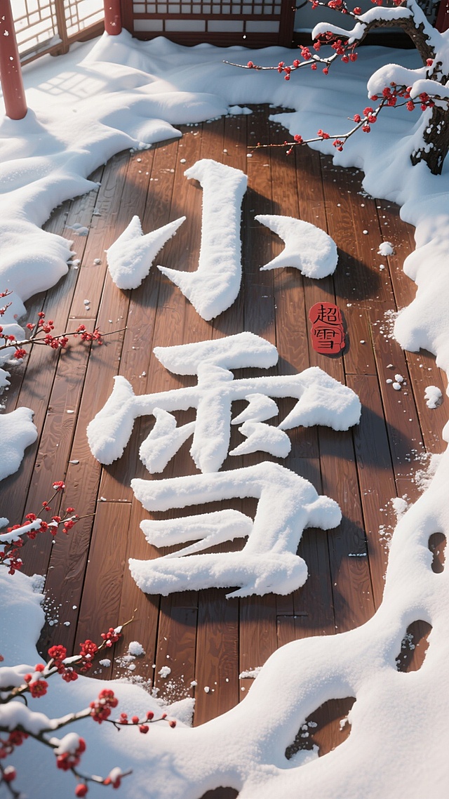 俯视视角，画面主视觉是有厚积雪的木质地板上堆出来的“小雪” 毛笔字（积雪质感真实，表面带自然起伏纹理，露出棕褐色木质纹理地板，边缘有不规则足迹）；点缀红梅装饰