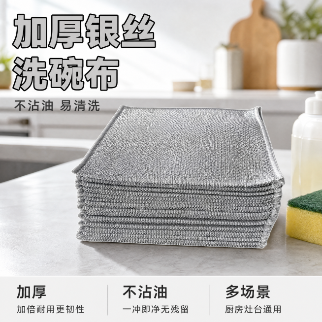 [主图-1] 加厚银丝洗碗布首图，突出产品洁净实用
[氛围风格] 明亮整洁的厨房氛围，干净通透的生活感
[画质] 商业摄影质感，光线柔和通透，产品清晰真实，画面干净高级
[元素] 保持加厚银丝洗碗布外预览效果