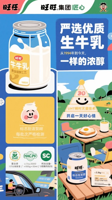 旺仔牛奶罐装电商详情页设计方案

🌟 首屏：国民经典记忆唤醒

【全屏视觉区】

· 9:16竖版怀旧风格主视觉
· 核心画面：旺仔经典红罐45°角特写，罐身微微反光，液面即将溢出的饱满感
· 背景预览效果