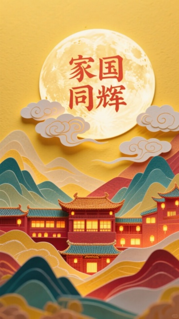 一轮巨大的圆月为占据画面中心的特写，底部以刺绣风格呈现出全景的山峦叠嶂间呈现古今建筑里万家灯火渐变温暖的光影，祥云装饰，突显中秋节日氛围，黄色调基底，月亮正下方，建筑万家灯火中间国风金红色字体“家国同预览效果