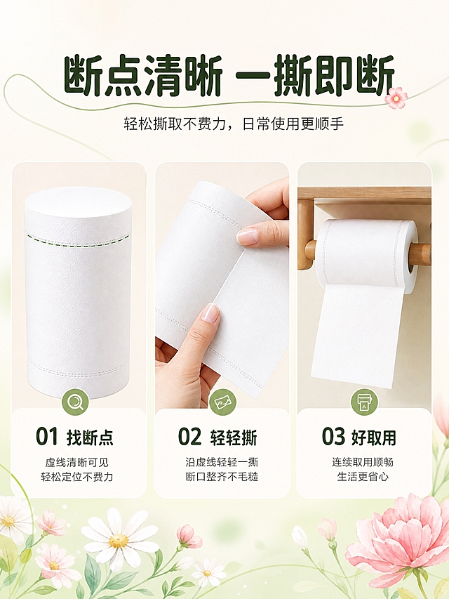 [商品] 使用【图1】白色无芯实心卷纸；保留卷纸圆柱形外观、白色纸浆质感；产品处理：保持卷纸饱满形态，断点线需清晰可见。
[画面] 页面目标：功能演示，断点清晰易撕+连续取用顺畅。构图：三步流程演示，横向排列3个步骤画面；第1步"找到断点"：卷纸特写，断点线用虚线高亮；第2步"轻轻一撕"：一只手（自然女性手部）沿断点撕开纸巾，断口整齐；第3步"顺畅取用"：卷纸架上的卷纸已抽出一张，准备使用；背景为浅米白渐变+淡绿色线条元素，底部有柔和花朵装饰；阅读动线从左至右。
[视觉] 套系策略：风格=清新温馨商业摄影风；标题字=圆润无衬线粗体；正文字=简洁无衬线体；主色=浅米白+柔粉；背景延展=基于浅米白做深浅渐变、水彩花朵质感、柔和光晕；强调色=淡墨绿，仅用于小面积图标、引线和标签；标题色=深墨绿；正文色=深灰；组件=圆角浅底信息卡、细线引线、花朵装饰元素；光影=左前侧暖柔光，柔和均匀。
[文字] 顶部大标题"断点清晰 一撕即断"；每步下方有编号+短动作词："01 找断点""02 轻轻撕""03 好取用"；文字横排，步骤清晰，手机端可读。
[规格] 图片比例3:4竖版，4K，避免变形、错字、文字过小、手部畸形、产品失真、极限词。