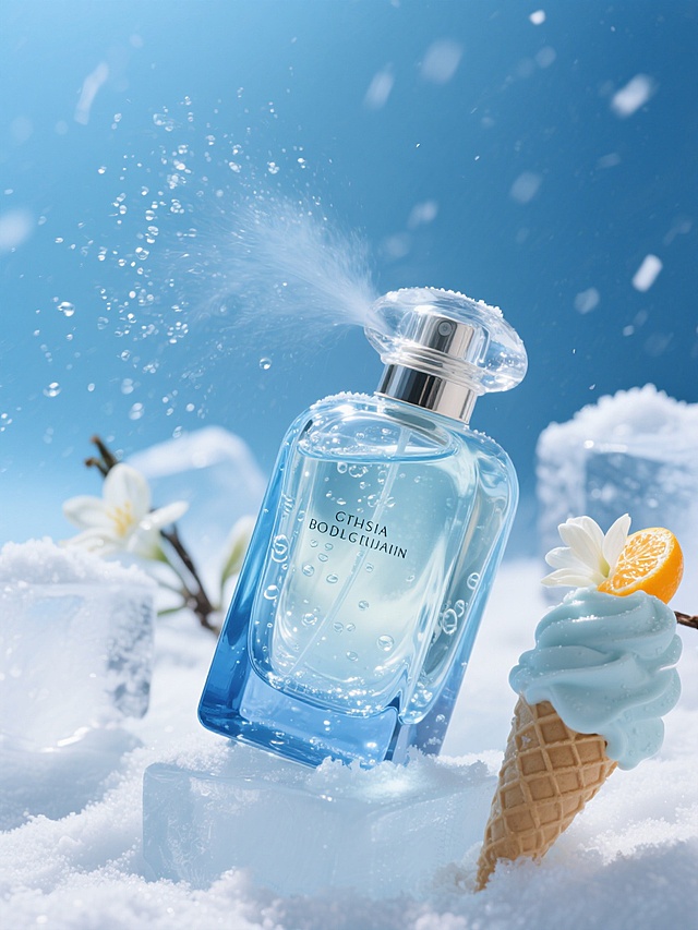 手中的冰蓝色香水瓶与海天融为一体。香水喷洒而出的刹那，海风卷着浪花的咸涩、冰饮里柠檬片的酸爽，还有街角小店飘来的雪糕甜香，在空气中交织成独特的嗅觉盛宴，每一寸肌肤都被这沁人心脾的夏日香气温柔包裹。