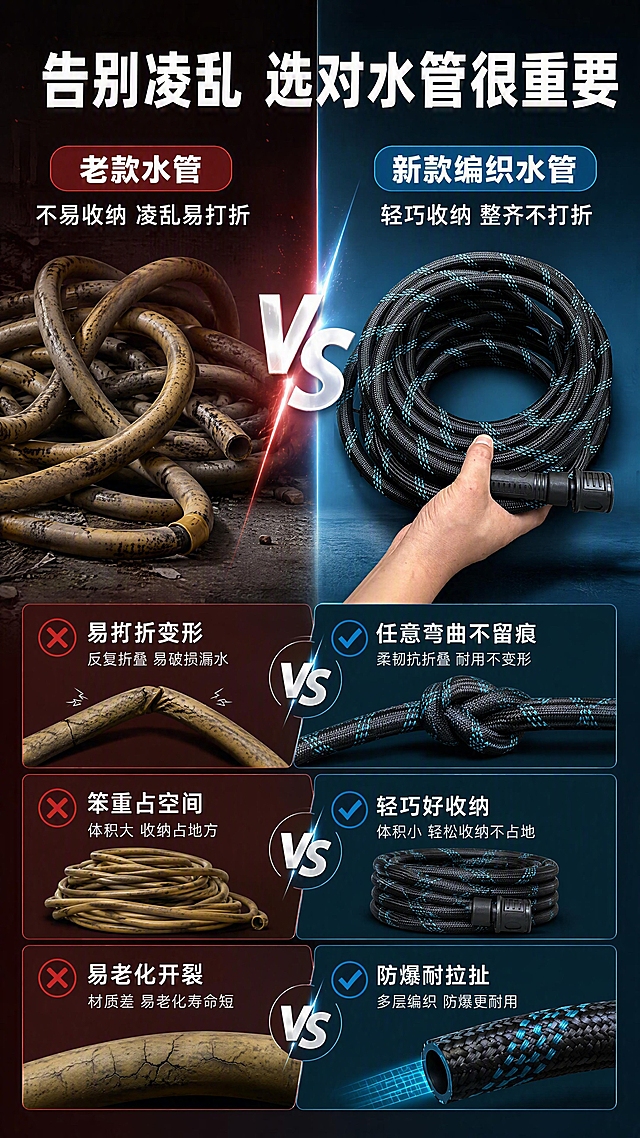 [第3张] 详情页新旧对比页-老款水管vs新款编织水管对比。本张使用参考图中的手持编织水管作为新款水管参考，左侧为老款普通水管示意。
[氛围/风格] 专业对比测评风，左右分屏对比，强烈反差感，商业摄影质感。
[元素布局] 画面左右分屏，左侧红色调区域展示老款普通水管：杂乱堆放、扭曲打折、体积庞大；右侧青蓝色调区域展示新款编织水管：整齐盘卷、小巧轻便、手持展示；中间有VS对比标识；上方为对比标题，下方为3项对比要点列表；新款水管外观与参考图一致。
[光影质感] 左右两侧各自打光，左侧偏暗偏冷红，右侧明亮偏青蓝，形成鲜明对比；产品细节清晰。
[配色色系] 全局左右分色，左侧暗红灰#3D1E1E，右侧深蓝青#1A2E3A；主色新款黑蓝编织管，老款暗黄色普通管；对比文字白色+高亮色。
[视角构图] 正面平视，左右对称构图，中间VS分割，阅读动线顶部标题→左右对比→底部要点。
[文字版式] 顶部主标题「告别凌乱 选对水管很重要」；左侧标注「老款水管」配文字「不易收纳 凌乱易打折」；右侧标注「新款编织水管」配文字「轻巧收纳 整齐不打折」；底部3条对比：「✗ 易打折变形」vs「✓ 任意弯曲不留痕」，「✗ 笨重占空间」vs「✓ 轻巧好收纳」，「✗ 易老化开裂」vs「✓ 防爆耐拉扯」；文字清晰醒目。
[比例分辨率] 9:16竖版比例，4K分辨率，文字清晰可辨，高清画质。
[负向提示词] 产品变形，颜色偏差，水印，文字错乱，对比不清晰，产品模糊。