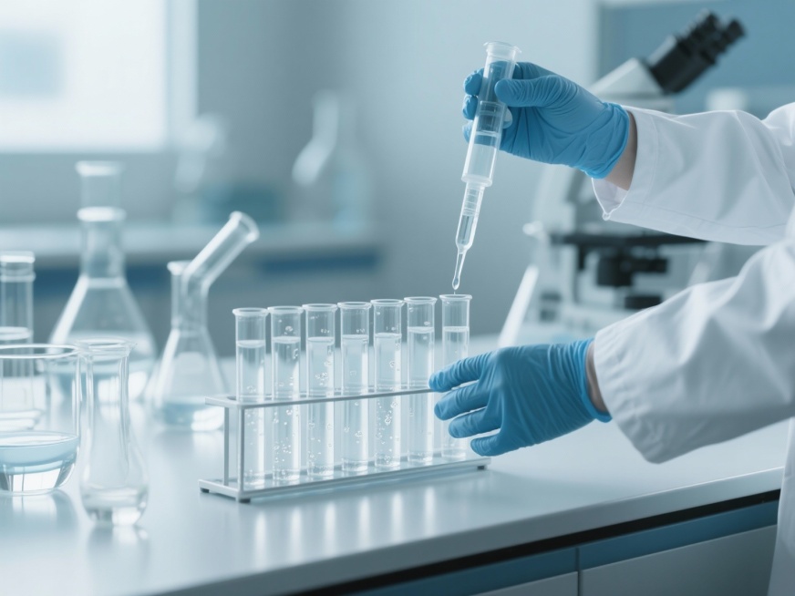 超写实风格医疗实验室场景，明亮柔和的散射光，高清晰度，浅蓝白色调为主的冷色调，玻璃器皿的透明质感与液体反光，穿着白色实验服和蓝色乳胶手套的科研人员手部特写，手持滴管将透明液体滴入排列整齐的试管中，试管预览效果