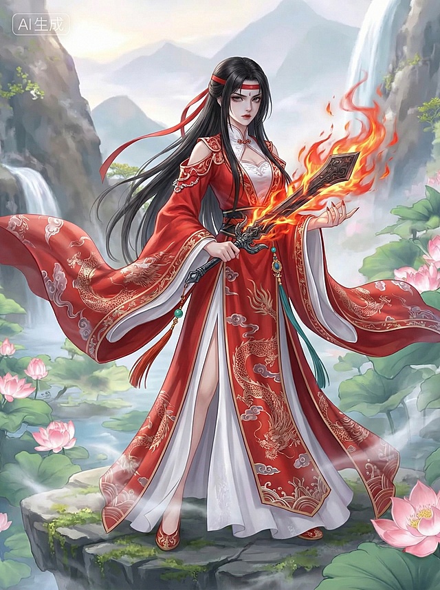 「图片1」类似画风的古装女子图，黑长直长发，额间系红带，身穿红白撞色高开叉长裙，肩部镂空设计，手持火焰环绕的金属法器，气质冷艳凌厉，服饰融合中式传统纹样