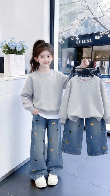 用图1的衣服和裤子替换掉挂图的模特身上穿的衣服裤子和后模特手中衣架上的衣服，保留原场景光影，保持图2的人物的五官和发饰不变，姿势不变，背景不变，图片宽高尺寸不变，保持图1的衣服裤子的款式和颜色不变预览效果