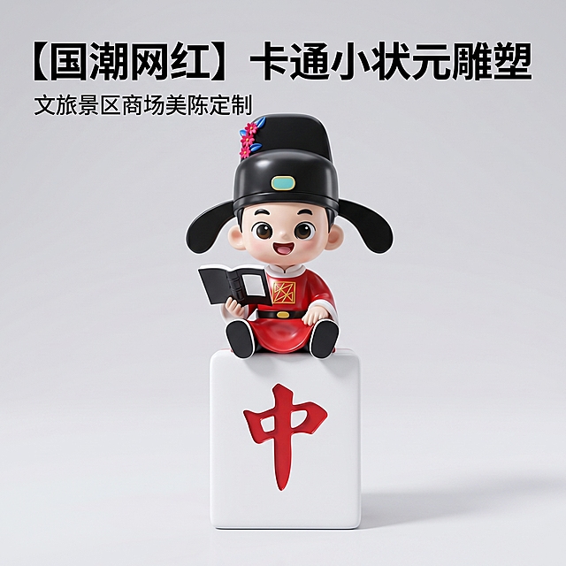 [主图 1] 卡通小状元雕塑首图展示
[氛围风格] 高端商业展示风格，简洁大气干净
[画面元素] 商业摄影质感、光线柔和通透、产品清晰真实、画面干净高级。卡通小状元雕塑居中完整展示，保留产品原有造型和色彩：红袍黑帽状元造型坐于红中麻将底座。替换背景为简洁纯色渐变展示背景，产品主体突出完整，无杂乱环境，无边框大图满铺。
[配色色系] 主色调：产品本身红黑色，背景浅灰色渐变简约干净，对比清晰突出主体
[视角构图] 中心平视构图，景深适中，主体大小位置舒适
[文字版式] 顶部左对齐，主标题 "[国潮网红] 卡通小状元雕塑"，黑色粗体大字号，副标题 "文旅景区商场美陈定制"，小一号字体，文字不遮挡主体，清晰易读
[比例分辨率] 1:1 比例，2k 分辨率；文字清晰可辨，超高清
[负向提示词] 变形，水印，文字错乱，产品图模糊，背景杂乱，遮挡主体