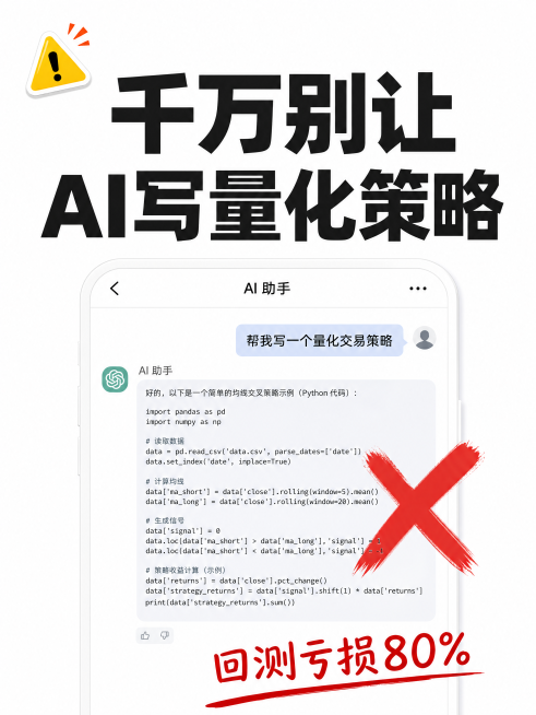 小红书笔记大字封面，插图大字，ins简约清新，版式精美，小红书笔记封面质感，适合信息流点击。主标题必须完整呈现且为画面视觉中心，逐字锁定：「千万别让AI写量化策略」。主标题字号占画面约35%视觉权重，预览效果